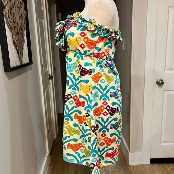 JUDITH MARCH sleeveless mini silk colorful folk print dress with jabot - Picture 4 of 13